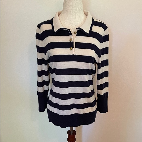 Frame Denim Sweaters - FRAME Wool Cashmere Striped Sweater Navy Ivory Gold Button Pullover Women’s L
